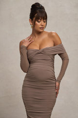 Mocha Bardot Twist Maternity Midi Dress