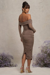 Mocha Bardot Twist Maternity Midi Dress