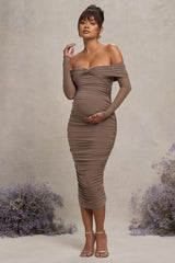 Mocha Bardot Twist Maternity Midi Dress