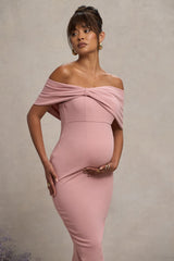 Blush Bardot Bow Maternity Midi Dress with Ruching