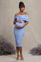 Powder Blue Bardot Bow Maternity Midi Dress with Ruching