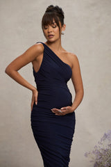 Navy Maternity Ruched One Shoulder Midi Dress