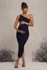 Navy Maternity Ruched One Shoulder Midi Dress