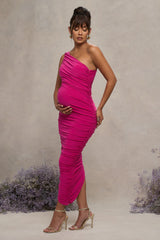 Hot Pink Maternity Ruched One Shoulder Midi Dress