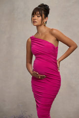 Hot Pink Maternity Ruched One Shoulder Midi Dress