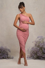 Blush Pink Maternity Ruched One Shoulder Midi Dress