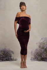 Port Velvet Maternity Bardot Bow Maternity Midi Dress with Ruching