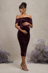 Port Velvet Maternity Bardot Bow Maternity Midi Dress with Ruching