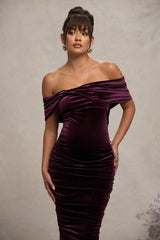 Port Velvet Maternity Bardot Bow Maternity Midi Dress with Ruching