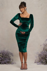Bottle Green Velvet Maternity Square Neck Ruched Midi Dress
