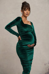 Bottle Green Velvet Maternity Square Neck Ruched Midi Dress