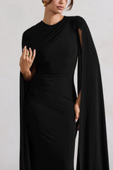 Black Asymmetric Cape Maxi Dress