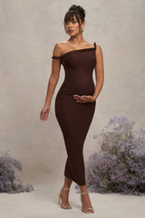 Chocolate Brown Twisted Asymmetric Maternity Midi Dress