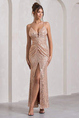 Champagne Sequin Open-Back Maxi Dress With Split
