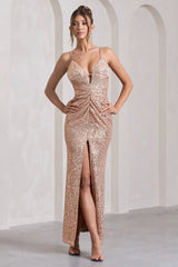 Champagne Sequin Open-Back Maxi Dress With Split
