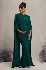Bottle Green Draped Maternity Maxi Dress With Cape Sleeves