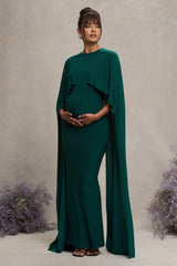 Bottle Green Draped Maternity Maxi Dress With Cape Sleeves