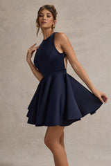 Navy Racer-Neck Sleeveless Skater Mini Dress
