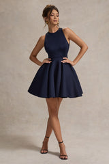Navy Racer-Neck Sleeveless Skater Mini Dress