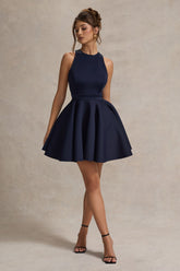 Navy Racer-Neck Sleeveless Skater Mini Dress