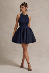 Navy Racer-Neck Sleeveless Skater Mini Dress