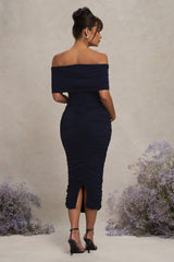 Navy Ruched Twist Bardot Maternity Midi Dress