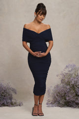 Navy Ruched Twist Bardot Maternity Midi Dress