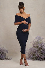 Navy Ruched Twist Bardot Maternity Midi Dress