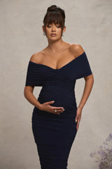 Navy Ruched Twist Bardot Maternity Midi Dress