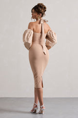 Champagne Halter-Neck Puff Sleeve Midi Dress