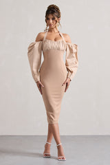 Champagne Halter-Neck Puff Sleeve Midi Dress