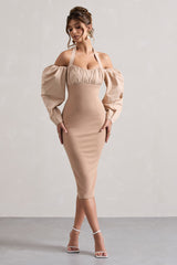 Champagne Halter-Neck Puff Sleeve Midi Dress