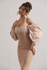 Champagne Halter-Neck Puff Sleeve Midi Dress