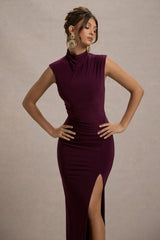 Plum Ruched High-Neck Maxi Dress With Split
