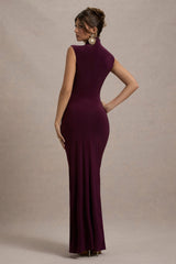 Plum Ruched High-Neck Maxi Dress With Split