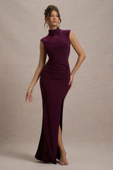 Plum Ruched High-Neck Maxi Dress With Split