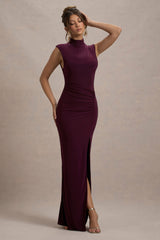 Plum Ruched High-Neck Maxi Dress With Split