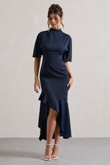 Navy High-Neck Flutter-Sleeve Asymmetric Maxi Dress