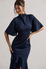 Navy High-Neck Flutter-Sleeve Asymmetric Maxi Dress