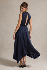 Navy Satin Cowl-Neck Maxi Dress