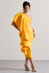 Mango One Shoulder Bodycon Midi Dress With Ruffle