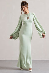 Light Green Puff-Sleeve Cut-Out Maxi Dress