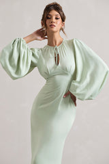Light Green Puff-Sleeve Cut-Out Maxi Dress