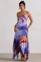 Ombre Print Ruched Bandeau Midi Dress