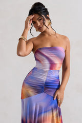 Ombre Print Ruched Bandeau Midi Dress