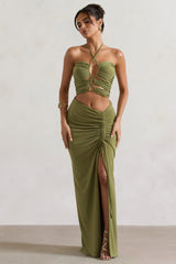 Olive Ruched Split Maxi Skirt