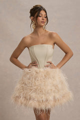 Champagne Strapless Mini Dress With Volume Feather Hem