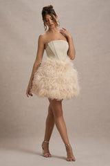 Champagne Strapless Mini Dress With Volume Feather Hem