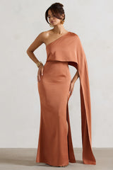 Rust Satin Asymmetric Cape-Sleeve Split Maxi Dress