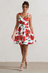 Poppy Print Scoop-Neck Tiered Volume Hem Mini Dress